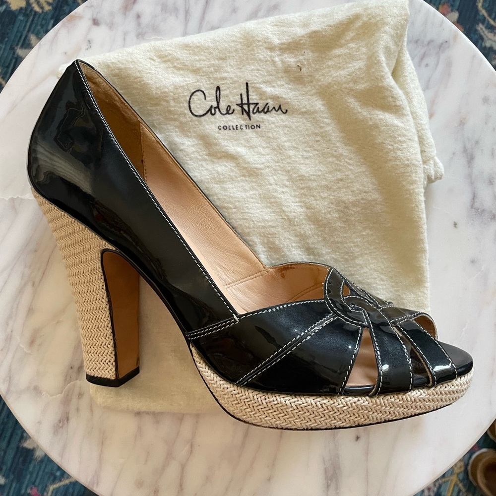 Cole Haan Collection navy patent and cream linen heeled sandals
